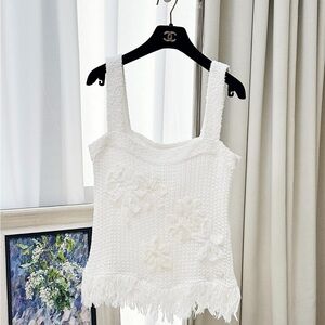 🚩steal Authentic CHANEL White Textured Fringe Blouse